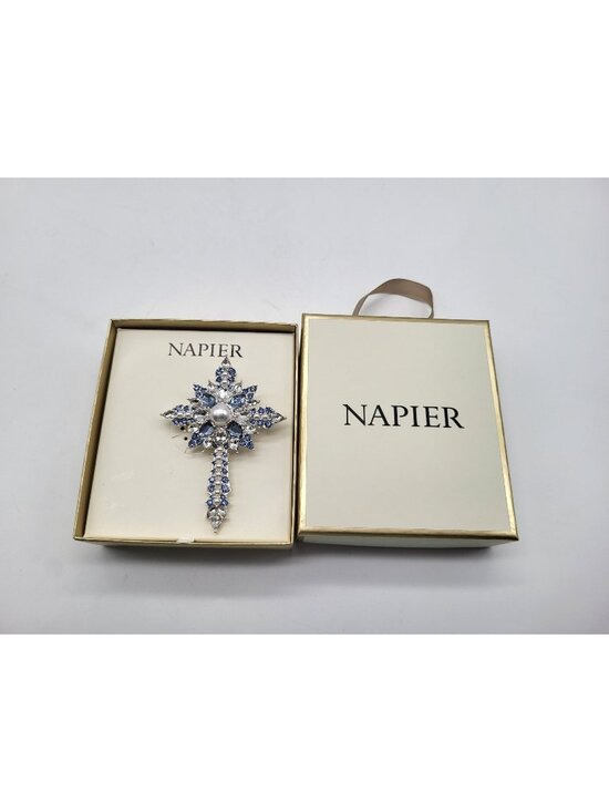 Napier Jewelry - NAPIER Silver Tone 3D Cross Brooch Rhinestones Faux Pearls Blue Clear Religious